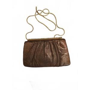 Judith Lieber Brown Metallic Leather Evening Bag with 2 Gold Chains & Coin Purse